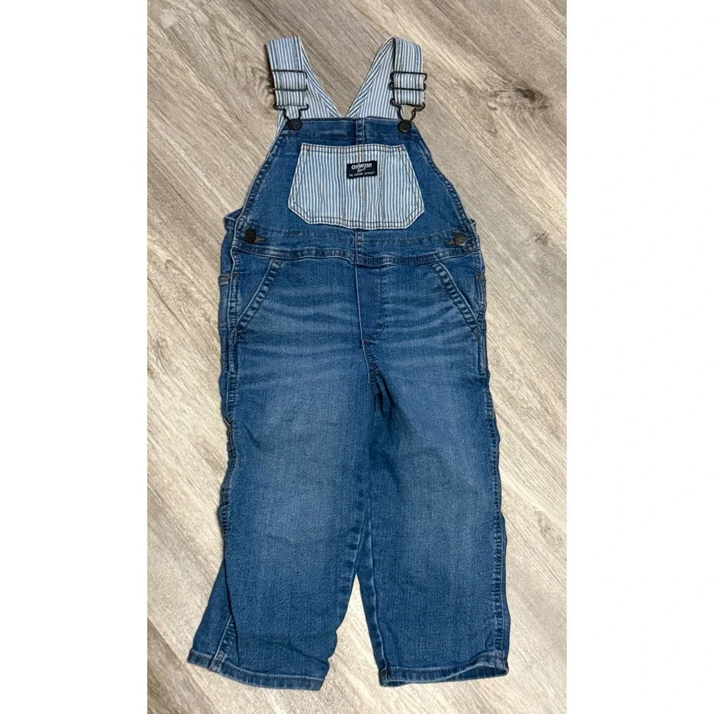 OshKosh B'gosh Toddler 3T Denim Hickory Stripe Vestbak Carpenter Overalls